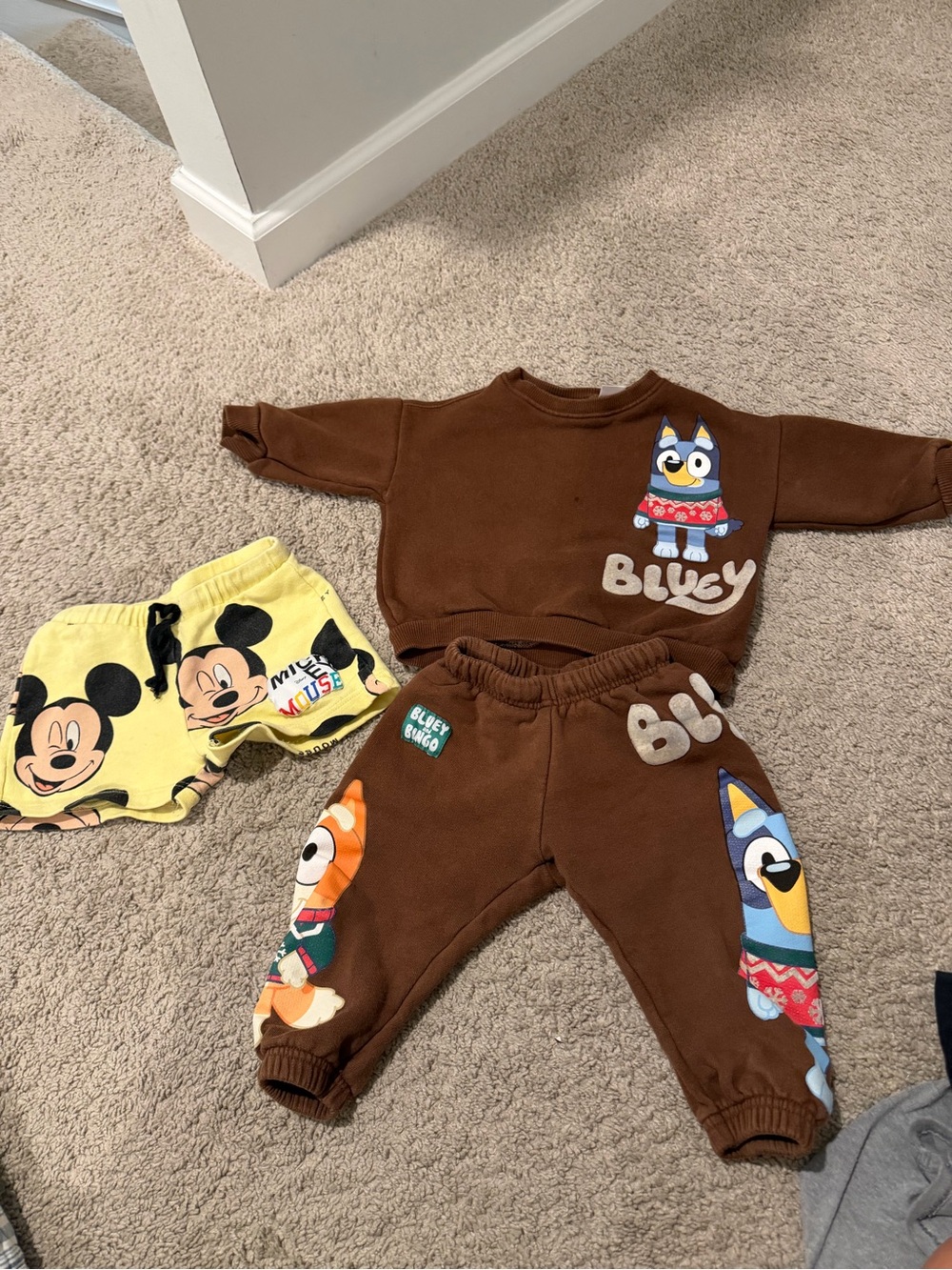 Zara Brown Bluey Character Sweatpants Set with Yellow Mickey Shorts